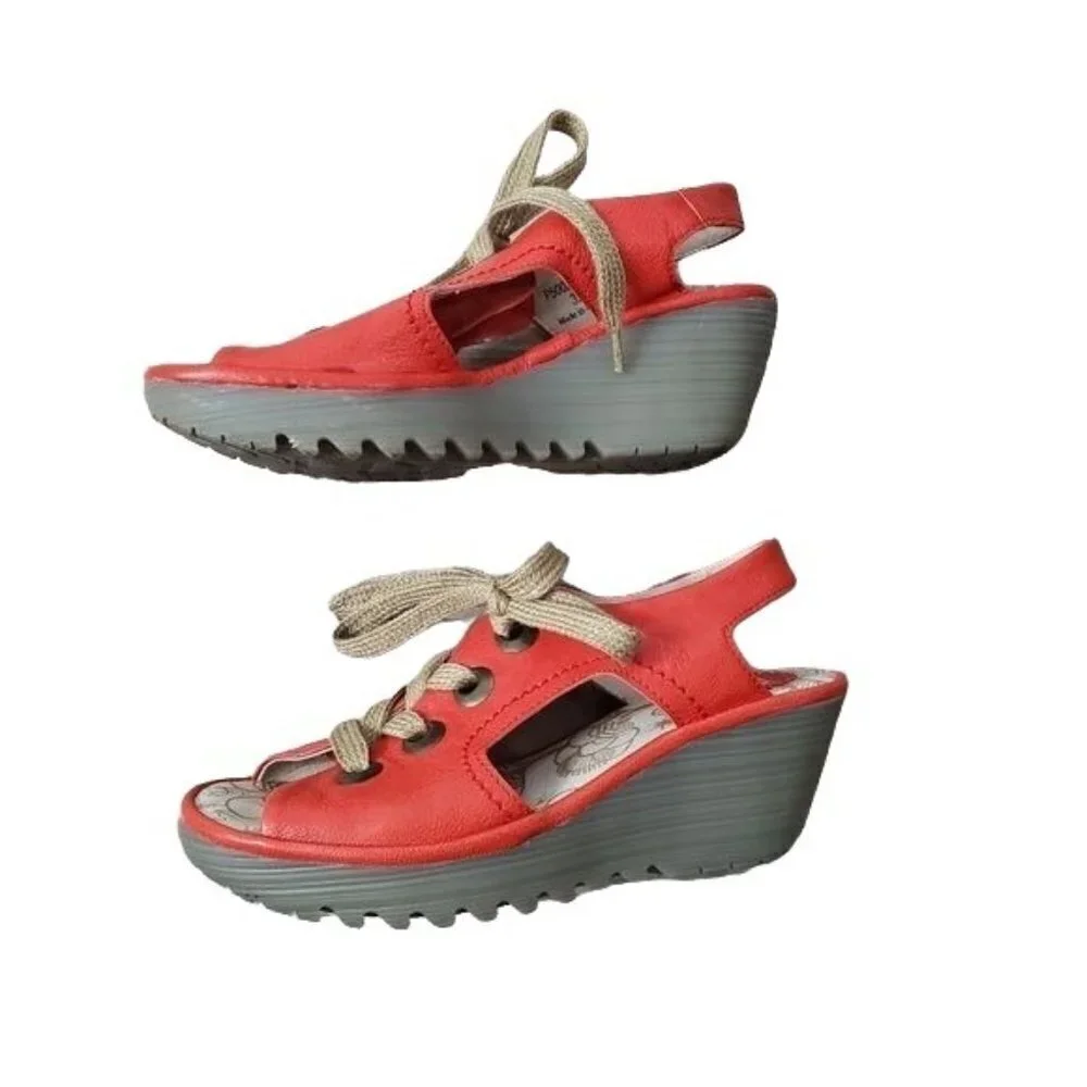 Fly London Women's Wedge Shoe Ylfa Red Lace Up Sandal Sz 8-8.5M EU 39